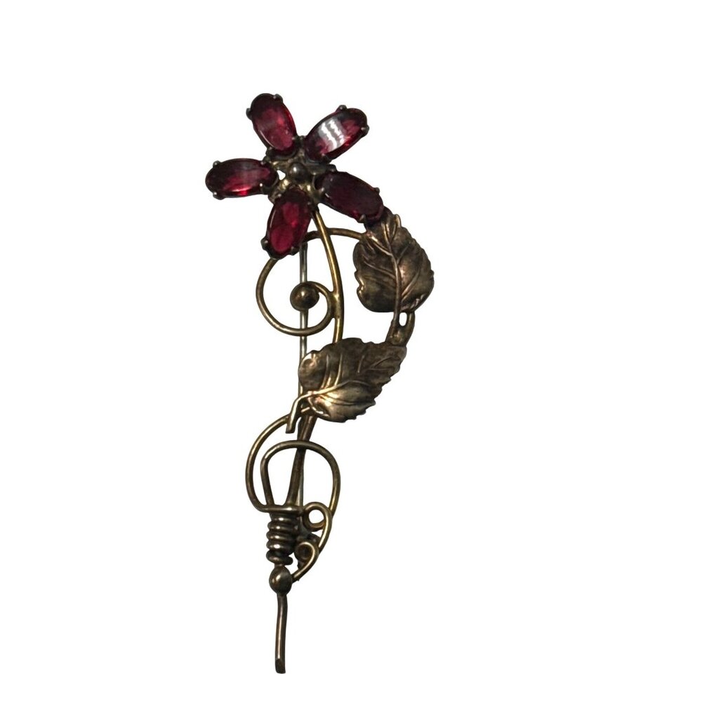 Vintage I Michelson Gold Filled Red Glass Flower Brooch Pin